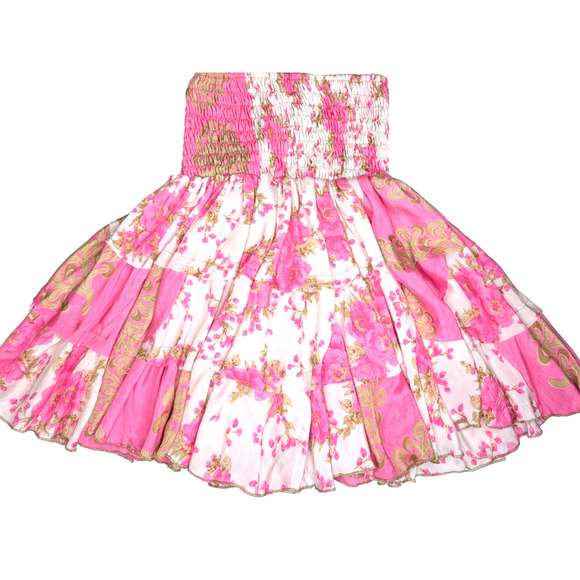 Silk Layered Ruffle Fairy Coquette Balletcore Smocked Pink Floral Skirt XS - Picture 4 of 9